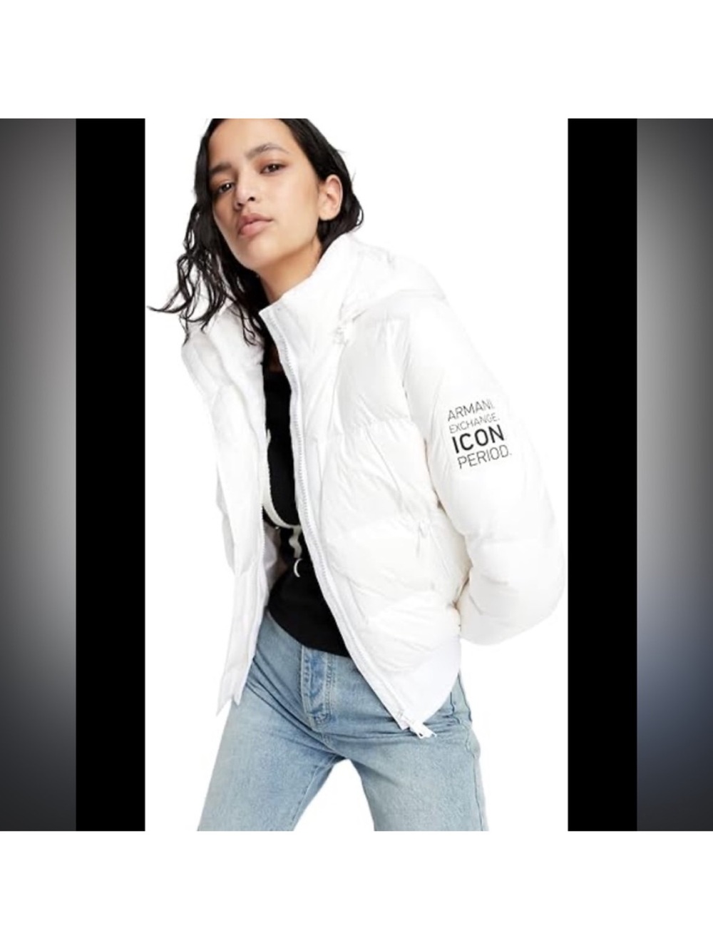 Armani Exchange White Quilted Puffer Jacket with 'ICON PERIOD' Sleeve